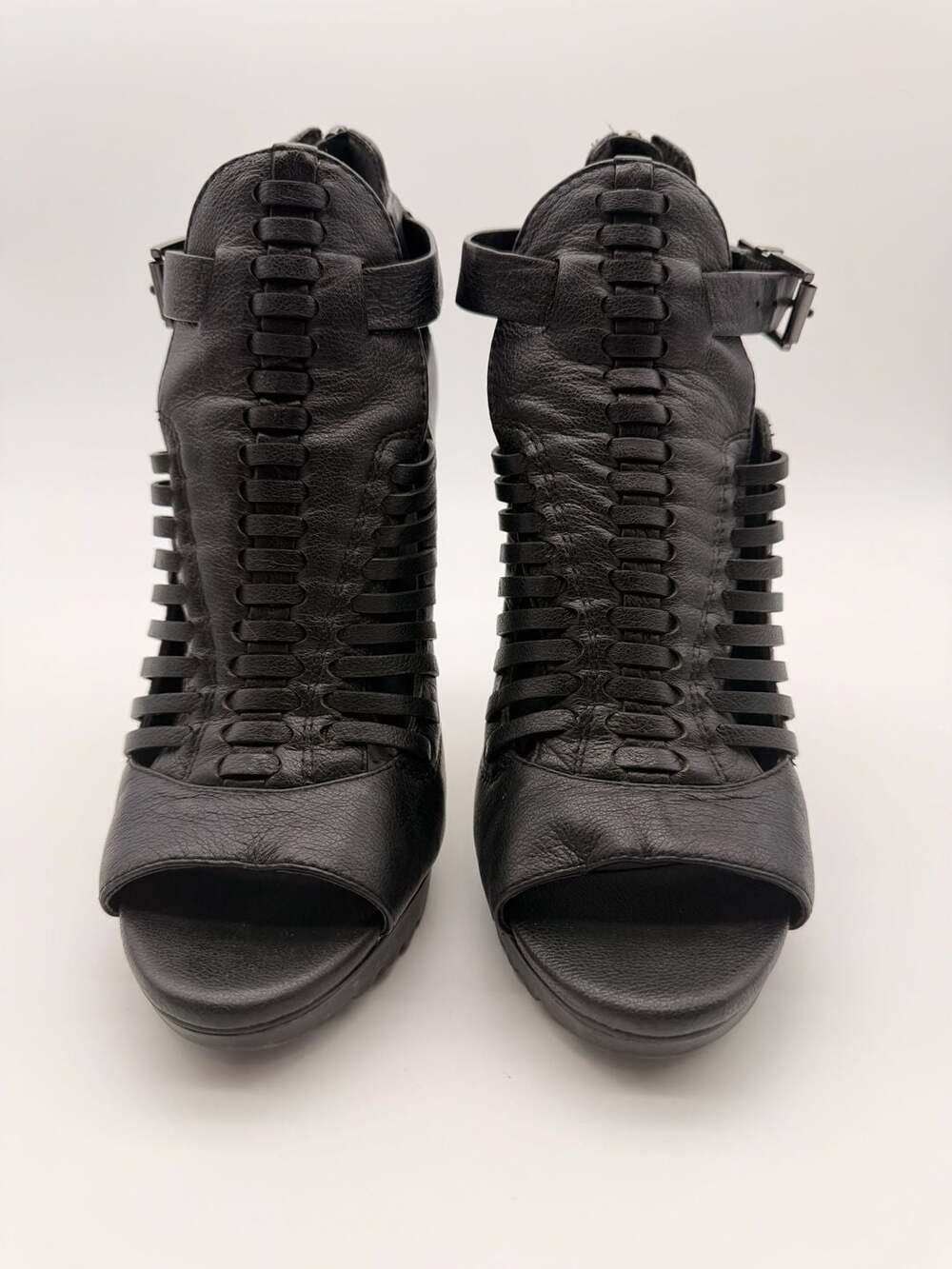 BCBGeneration Black Leather Peep Toe Stiletto Heels Size 8M